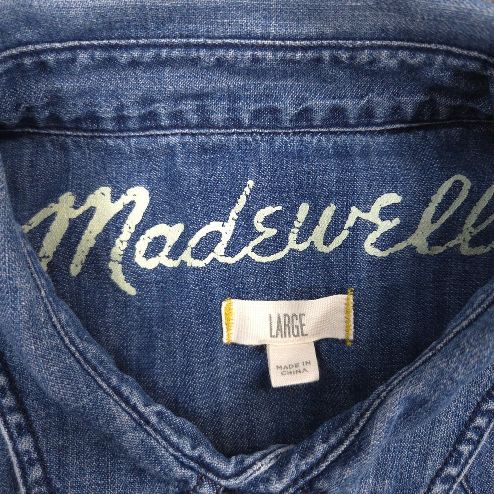 Madewell Denim Shirt Womens L Blue Medium Wash Whiskered Sleeves Snap Front - Picture 6 of 7